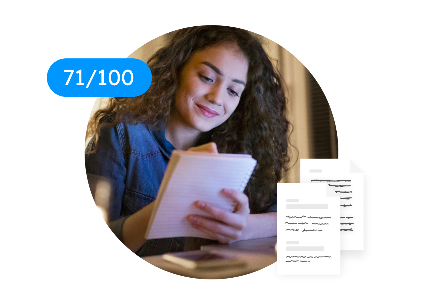 A smiling student writes in her notebook while a graphic reads 71/100.