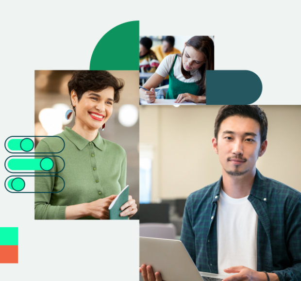A photo collage of three students of various ages and backgrounds.